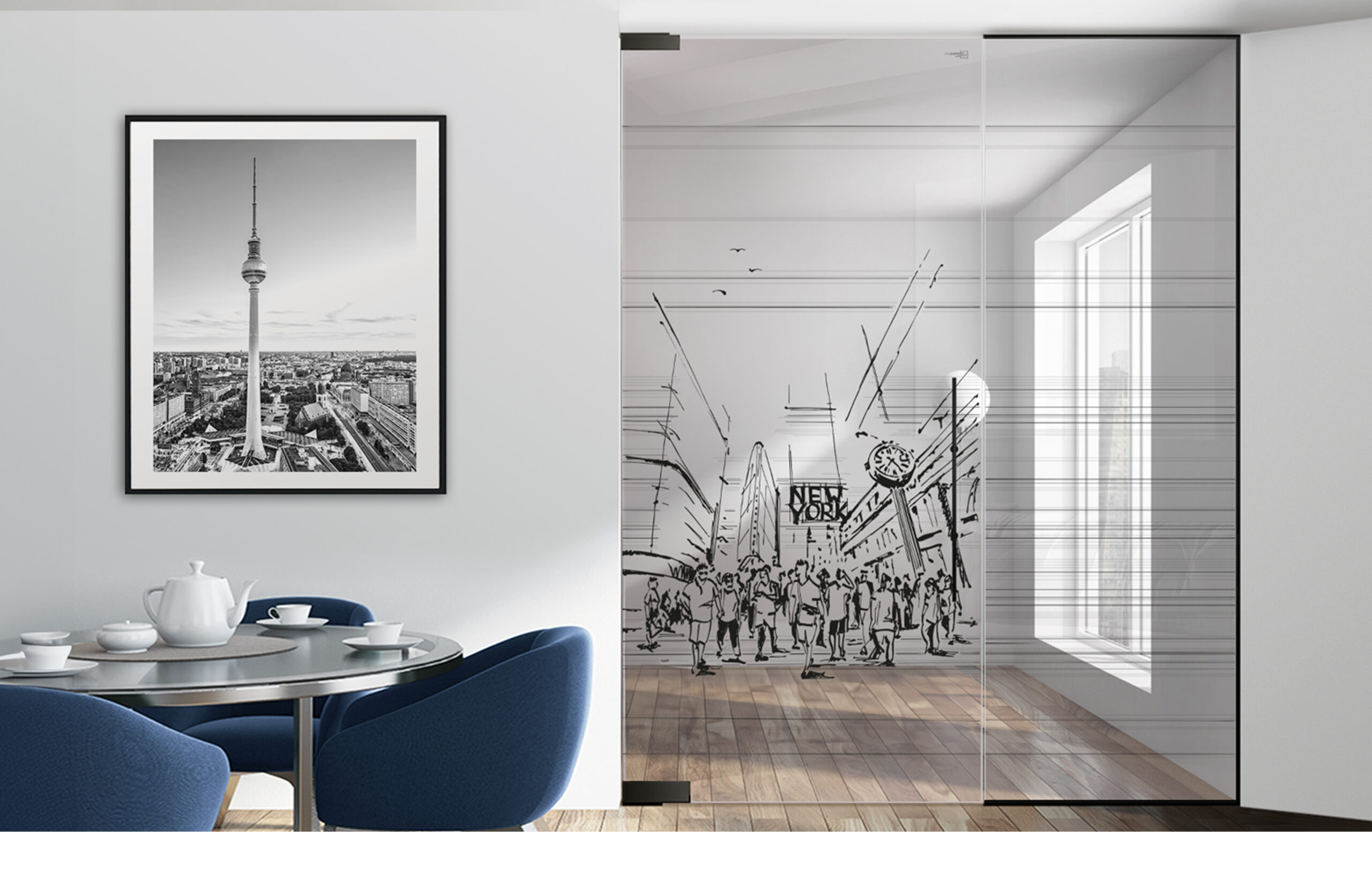 Flat Iron in Schwarz auf Klarglas