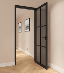 Purist P.06 L mit Zarge duo 55
Farbe »softmatt« Schwarz, RAL 9005, Klarglas ESG Grau, Zarge duo 55, Drücker BK.11E schwarz matt