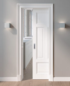 Tür D.07 mit Profil 2, Zarge Z.03
Schiebetür, Griffmuschel GM.3 offen